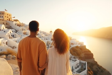 Beautiful young woman and man on their summer vacation walk on greek island Santorini