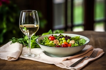 Poster - Served for a banquet table. Wine glasses with napkins, glasses and salads,Generative AI