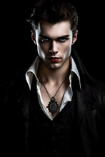 Handsome Portrait Of A Male Vampire On Black. Vampire Novel Cover Design.Generative AI Illustration.