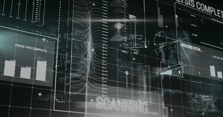 Animation of interface with data processing over mathematical equations against black background