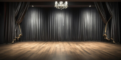 Grey stage curtain on wooden floor. Generative AI