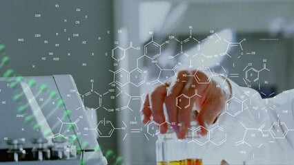 Wall Mural - Animation of dna and chemical structures over mid section of a male scientist working at laboratory