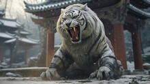 Generative AI White Tiger In The Chinese Temple In Winter, Closeup Of Photo