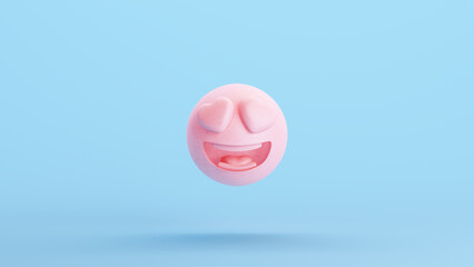 Canvas Print - Pink 3d Emoji Smiley Face Big Heart Eyes Smile Kitsch Blue Background 3d illustration render digital rendering