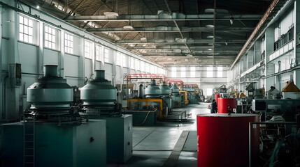 Wall Mural - Industrial interior of hydroelectric power station with electric generators, sun light. Generation AI.