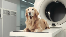 Dog Lying On Table Before Scanning In MRI Equipment In Veterinary Clinic. Banner Vet CT Scan For Pet. Generation AI