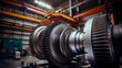 Turbine shop of energy power generation station. Disassembled turbine for repair and inspection. Generation AI.