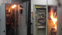 Industrial Electrical Panel On Fire, Short Circuit And Junction Cable Box Fire In House Appartment Or Factory. Generation AI