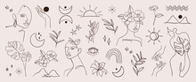Minimal Hand Drawn Line Art Vector Set. Aesthetic Line Art Design With  Woman Body, Face, Hands, Body, Mountain, Moon, Sun, Flower. Abstract Drawing For Wall Art, Decoration, Wallpaper, Tattoo.