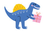 Fototapeta Dinusie - Happy smiling dinosaur with gift, cartoon spinosaurus at birthday party, vector illustration of dino party, greeting card for baby shower, childish poster for nursery, happy birthday postcard, isolate