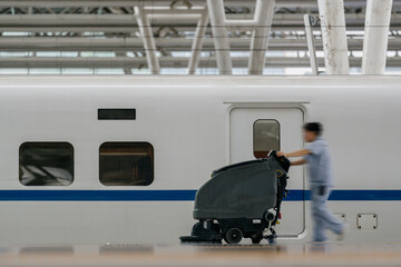 Poster - Workers are cleaning with a sweeper