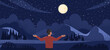 Man watch at night sky concept. Young guy looks at natural panorama and landscape. Astrology and astronomy, stargazing. Active lifestyle and hiking. Cartoon flat vector illustration