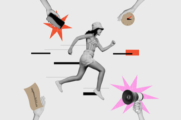 Sticker - Poster banner collage of lady rushing fast for breaking news shopping sale on cell smart gadget alarm with bullhorn