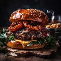 The photo showcases a mouthwatering burger that is a true feast for the senses. The juicy, perfectly grilled patty is nestled between two toasted buns, topped with melted cheese that oozes with delici