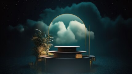 Wall Mural - Landscape with clouds and moon. Night scene with a podium backdrop for product display. generative ai