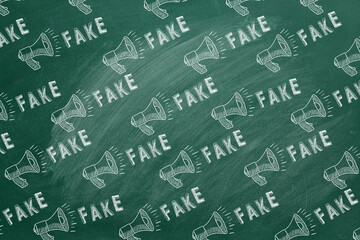 Pattern from megaphone icons and lettering FAKE drawn in chalk on a greenboard. Concept of announce, media, information and disinformation. Fake news. Hand drawn illustration.