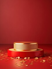 Poster - Red background with gold podium. Red and gold podium pedestal product display. generative ai