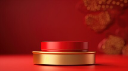 Poster - Red background with gold podium. Red and gold podium pedestal product display. generative ai