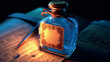 Antique bottle with a letter glows in the dark. Old message. Magic elixir. A small old bottle with a note on the table in a dark room. Perfume bottle. Magic and mysticism. Antique illustration.