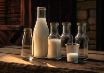 four glass bottles next to one bottle of milk on a wooden table