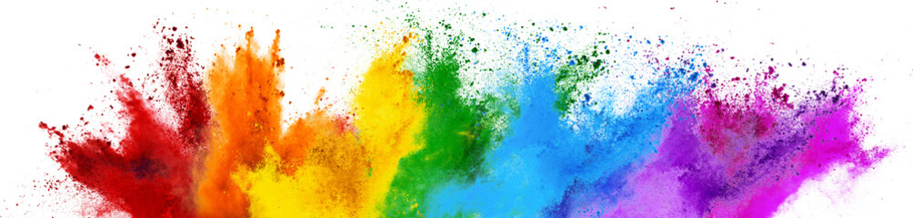 colorful rainbow holi paint color powder explosion with bright colors isolated white wide panorama b