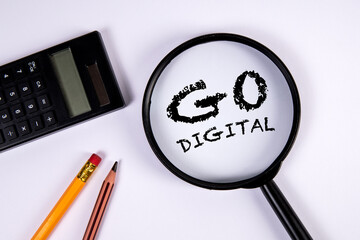 Sticker - Go Digital. Magnifying glass and calculator on white background