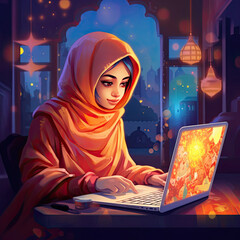 Sticker - Muslim Girl Using Laptop Illustration Made with Generative AI