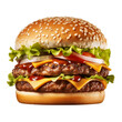 canvas print picture - Tasty double beef burger isolated on transparent white background. Big fresh juicy cheeseburger fastfood with beef patty, tomatoes, cheese, cheddar, lettuce, ketchup for menu. generative ai