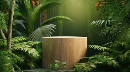 Wall Mural - Tropical garden with pedestal for display. Wood podium in tropical forest for product presentation. generative ai