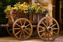 Carriage With Wooden Wheels As Decoration For Flowers. Generative AI