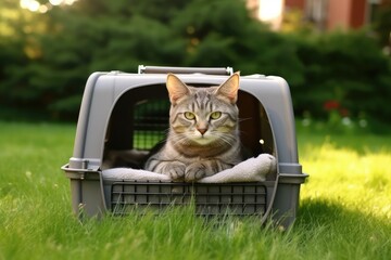 Cat sitting in carrier on grass. Generative AI