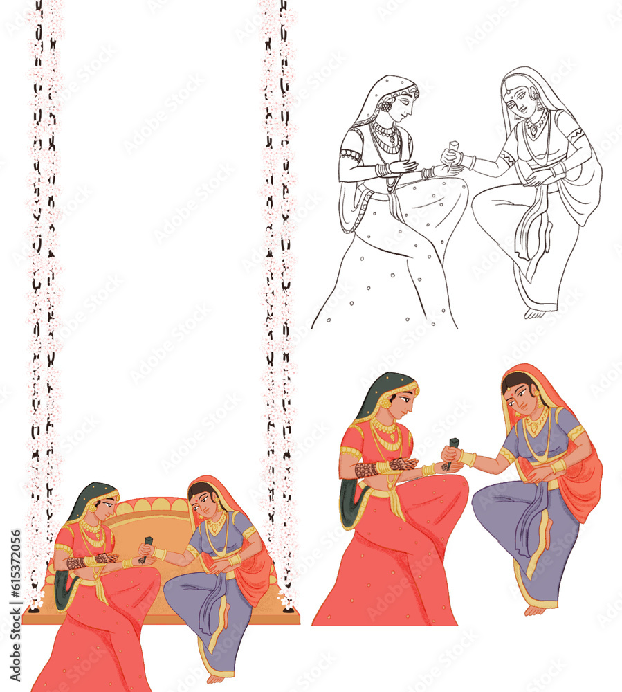 Mehendi Rituals Photo Traditional Illustration of women participating in the Mehendi ritual of most Hindu ...