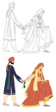 Isolated artwork of an indian couple getting married.