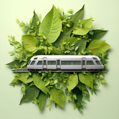 tramway icon, train icon, ecological transportation, public transportation, environment, leaves, metal, concept, ecology, green,  leaf, future, clean, made with generative AI