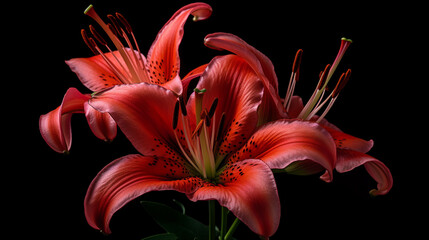 Wall Mural - Macro close up shot red Tiger Lily flower isolated on black background. Generative AI technology.