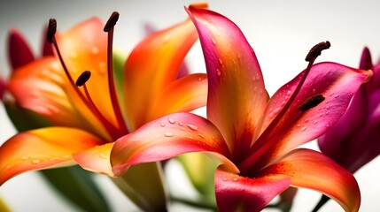 Wall Mural - Macro close up shot orange purple Tiger Lily flower and some water drops looks fresh. Generative AI technology.