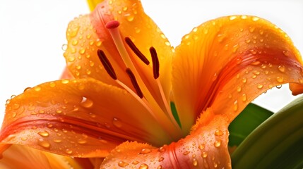 Wall Mural - Macro close up shot wet yellow Tiger Lily flower and some water drops looks fresh on white background. Generative AI technology.