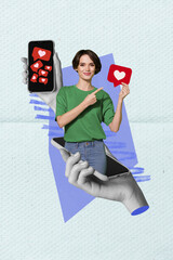 Poster - Picture sketch collage image of happy smiling lady pointing finger like apple samsung iphone device isolated creative background