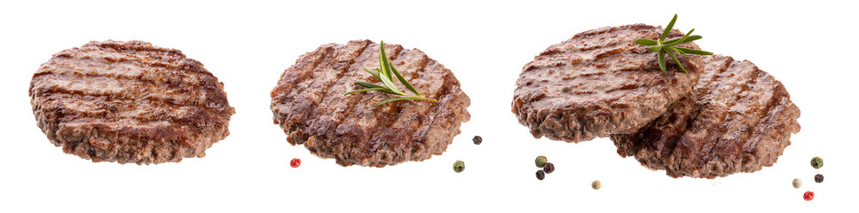 Beef cutlet grill with stripes with fresh rosemary branch isolated on transparent background png. grilled hamburger meat.