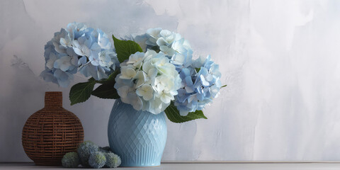 Wall Mural - Still life composition with blue hydrangea, hortensia. Close up of flowers blooming. Copy space. Nature botanical wallpaper, greeting card. Summertime template. Mockup. Generative ai.