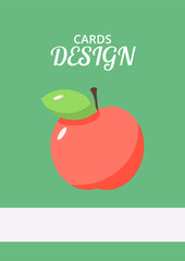 Red apple on green vector card design template. Poster with flat illustrations and copy space for text. Postcard with simple background, promo placard. Advertising one page invitation