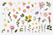 Illustration Of Various Flowers And Leaves On A Blank White Background Created With Generative AI Technology