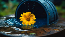Water In A Blue Barrel By A Yellow Flower