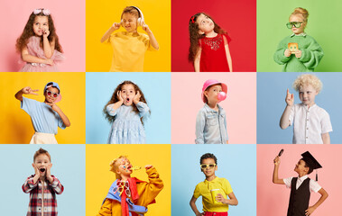 Collage made of portraits of cute boys and girls, children posing with diverse emotions, having fun over multicolor background