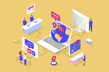 Aufkleber - Booking service concept in 3d isometric design. Travel agency offers destinations for recreation, routes for tourists, hotel and flight. Illustration with isometry people scene for web graphic