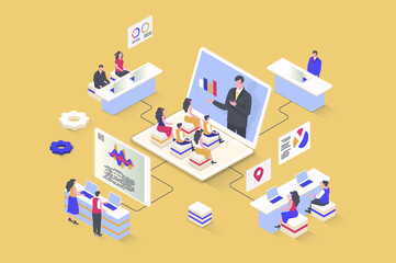 Aufkleber - Coaching concept in 3d isometric design. Business coach making lecture for company employees, improves sales performance and profit. Illustration with isometry people scene for web graphic
