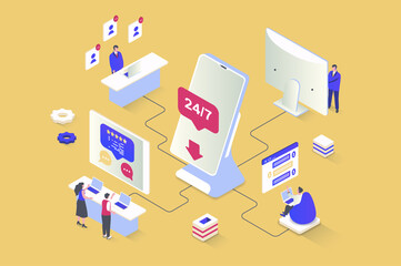Wall Mural - customer support concept in 3d isometric design. call center operators answering calls and consultin