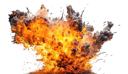 powerful explosion with flying fragments and black smoke. transparent background. generative ai