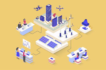 Aufkleber - Green city concept in 3d isometric design. Cityscape with skyscrapers, alternative energy sources and eco friendly infrastructure. Illustration with isometry people scene for web graphic