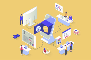 Wall Mural - Mobile banking concept in 3d isometric design. Clients use online services, control financial account, increase savings, make transfers. Illustration with isometry people scene for web graphic